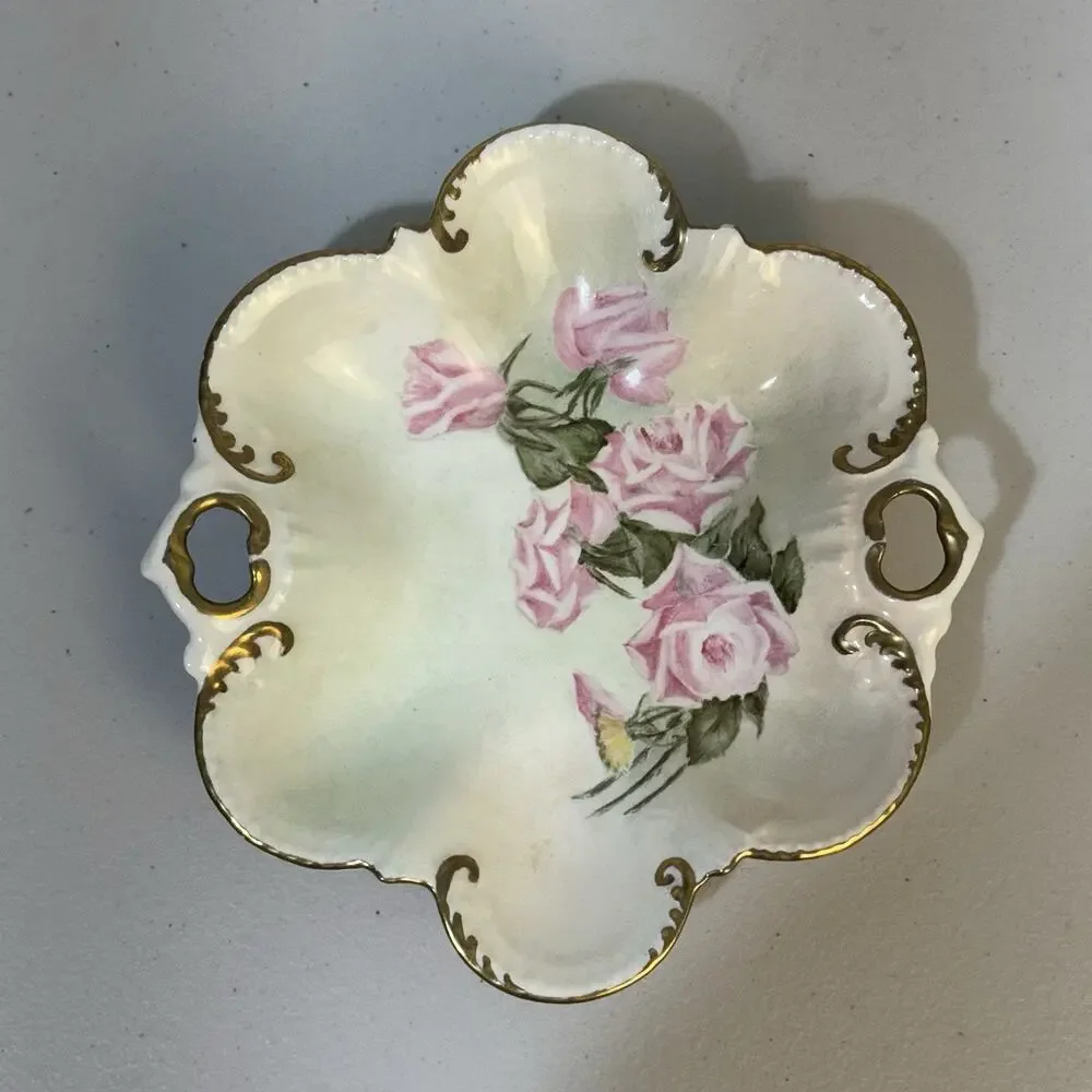 Early 20th Century Antique Hand Painted Roses Gold Gilt Porcelain Trinket Tray